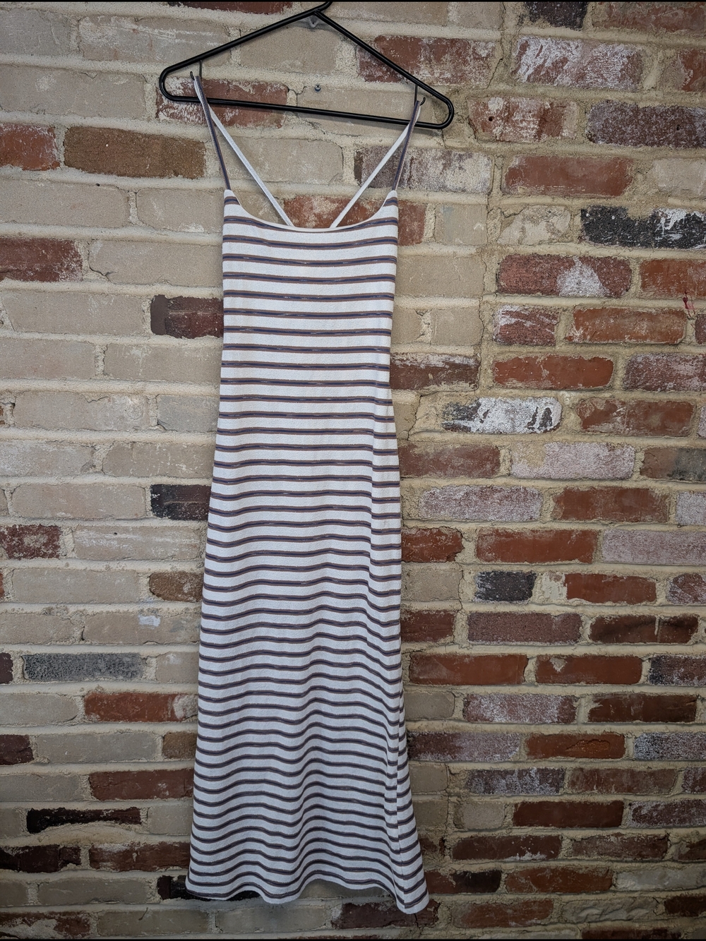 Striped White and Brown Maxi Slip Dress with Thin Straps